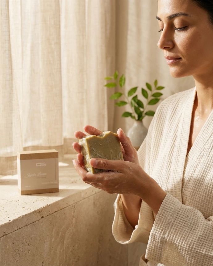 A woman holding a bar of sidr soap